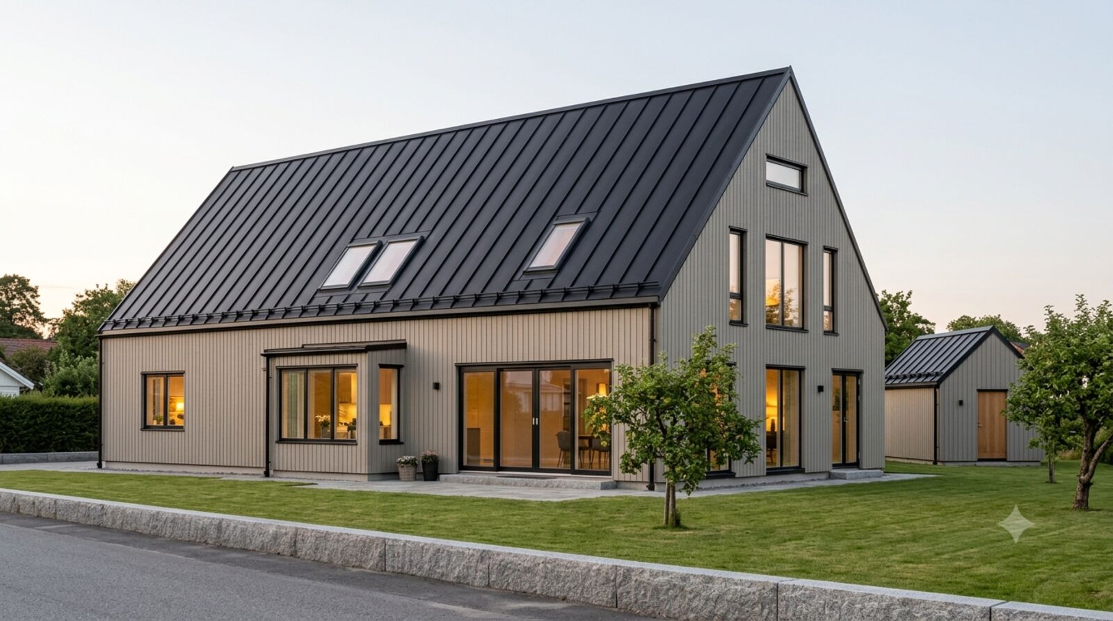 KI-visualisering av totalrenovert bolig med stort sort ståltak, generert fra arbeidstegningene
