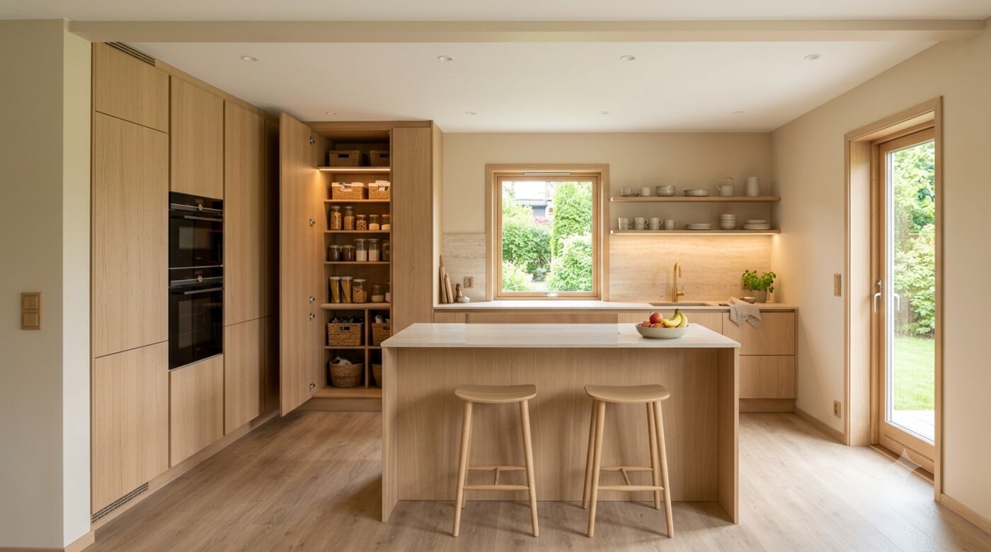 KI-visualisering av kjøkken med frittstående øy i lys eik og Dekton-benkeplate — generert fra arbeidstegningene.